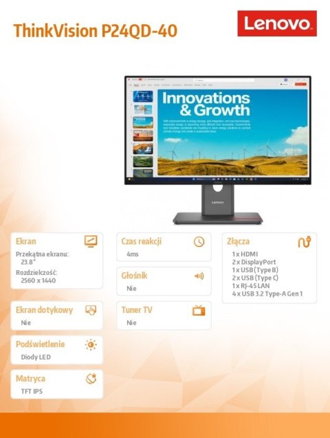 Monitor ThinkVision P24QD-40 24 cale 64B1GAT1EU Monitor ThinkVision P24QD-40 24 cale 64B1GAT1EU