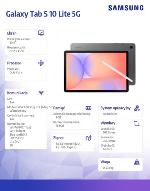 Tablet Galaxy Tab S10 Lite X406 10.9 cala 5G 8/256GB szary Tablet Galaxy Tab S10 Lite X406 10.9 cala 5G 8/256GB szary