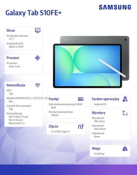 Tablet Galaxy Tab S10FE+ 13.1 cala Wifi 8/128GB szary Tablet Galaxy Tab S10FE+ 13.1 cala Wifi 8/128GB szary