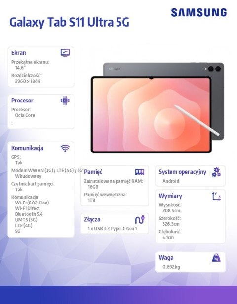 Tablet Galaxy Tab S11 Ultra X936 5G 14.6 cala 16GB/1TB szary Tablet Galaxy Tab S11 Ultra X936 5G 14.6 cala 16GB/1TB szary