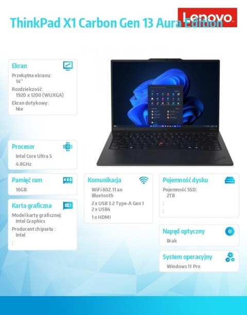 Ultrabook ThinkPad X1 Carbon G13 21NX007VPB W11Pro Ultra5 225U/16GB/512GB/INT/14.0 WUXGA/Black/3YR CI + CO2 offset + 3YR Premier Ultrabook ThinkPad X1 Carbon G13 21NX007VPB W11Pro Ultra5 225U/16GB/512GB/INT/14.0 WUXGA/Black/3YR CI + CO2 offset + 3YR Premier