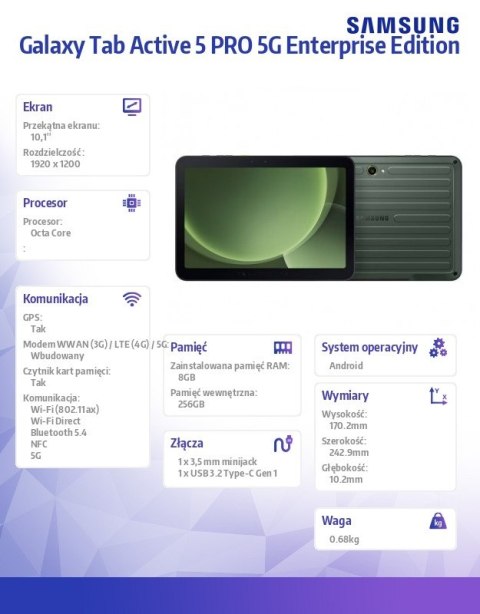 Tablet Galaxy Tab Active 5 PRO 5G 10.1 cala 8/256GB Enterprise Edition zielony Tablet Galaxy Tab Active 5 PRO 5G 10.1 cala 8/256GB Enterprise Edition zielony