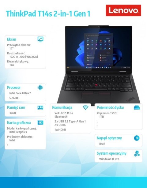 Ultrabook ThinkPad T14s 2in1 G1 21R30041PB W11Pro ULT7 255U/32GB/1TB/INT/14.0 WUXGA/Touch/Black/3YRS Premier Support + CO2 Offse Ultrabook ThinkPad T14s 2in1 G1 21R30041PB W11Pro ULT7 255U/32GB/1TB/INT/14.0 WUXGA/Touch/Black/3YRS Premier Support + CO2 Offse