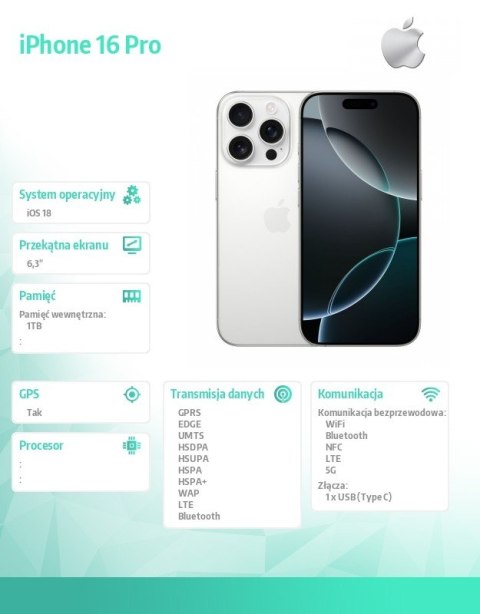 IPhone 16 Pro 1TB - Tytan biały IPhone 16 Pro 1TB - Tytan biały