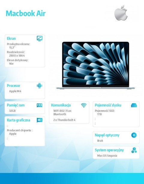 Macbook Air 15.3 M4/10C/10C/32GB/1TB/70W/US Błękitny Macbook Air 15.3 M4/10C/10C/32GB/1TB/70W/US Błękitny