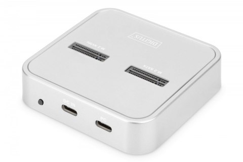 Stacja dokująca do dysków SSD M.2 NVMe + M.2 SATA z czytnikiem kart SD-Express, USB-C, Srebrna Stacja dokująca do dysków SSD M.2 NVMe + M.2 SATA z czytnikiem kart SD-Express, USB-C, Srebrna