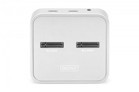 Stacja dokująca do dysków SSD M.2 NVMe + M.2 SATA z czytnikiem kart SD-Express, USB-C, Srebrna Stacja dokująca do dysków SSD M.2 NVMe + M.2 SATA z czytnikiem kart SD-Express, USB-C, Srebrna
