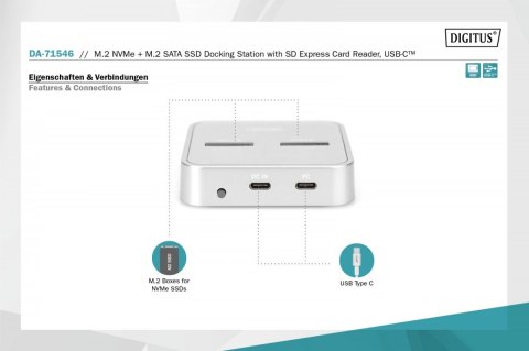 Stacja dokująca do dysków SSD M.2 NVMe + M.2 SATA z czytnikiem kart SD-Express, USB-C, Srebrna Stacja dokująca do dysków SSD M.2 NVMe + M.2 SATA z czytnikiem kart SD-Express, USB-C, Srebrna
