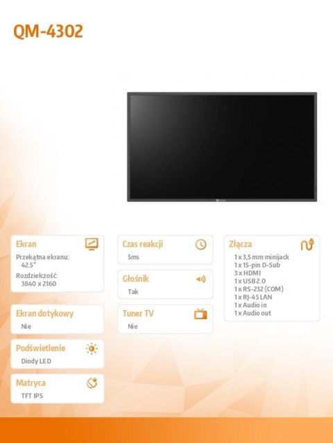 Monitor wielkoformatowy QM-4302 CZARNY 43 cale Monitor wielkoformatowy QM-4302 CZARNY 43 cale